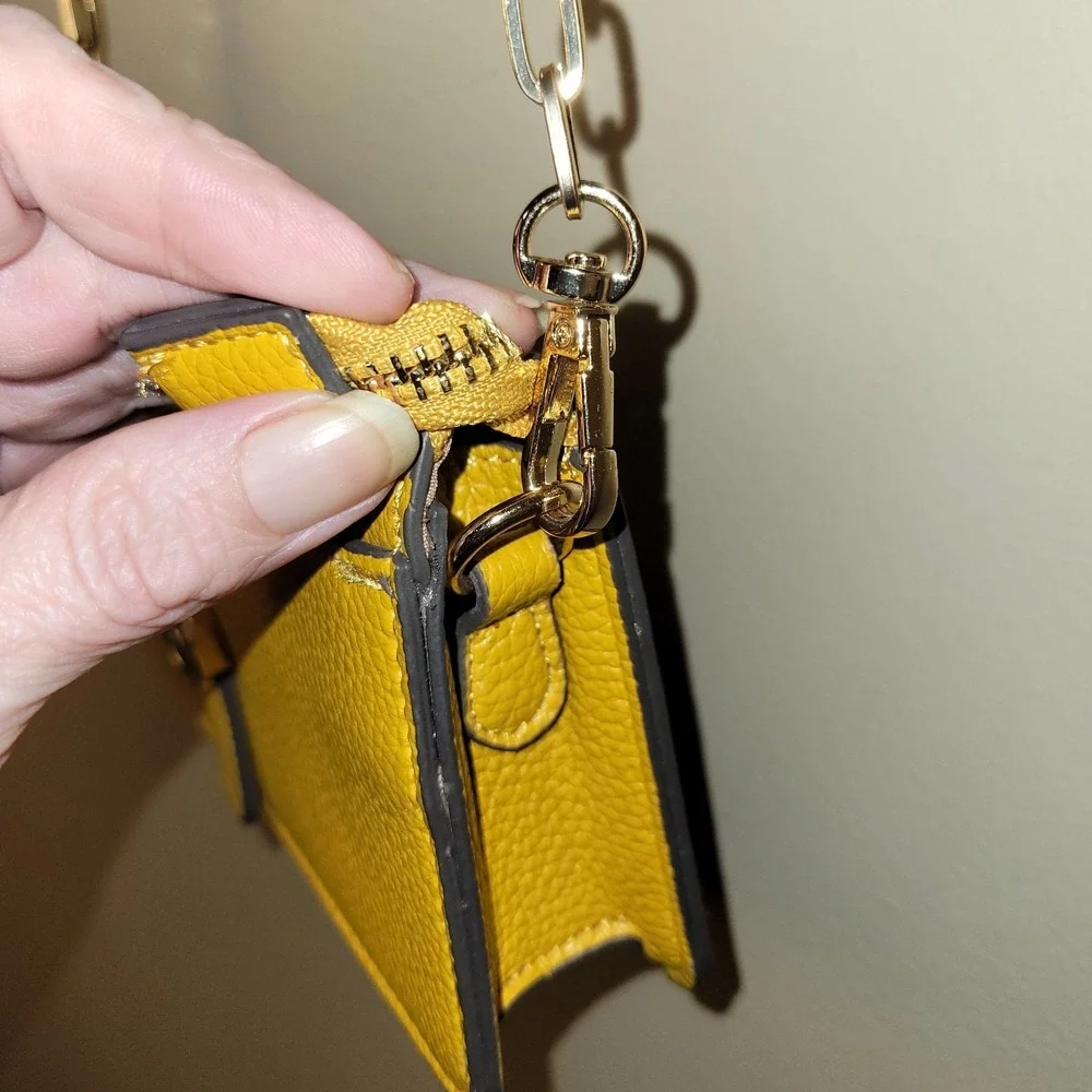 Anne Klein AK Yellow Wallet On Chain Crossbody‎ Purse Mustard Zip Top Gold Tone